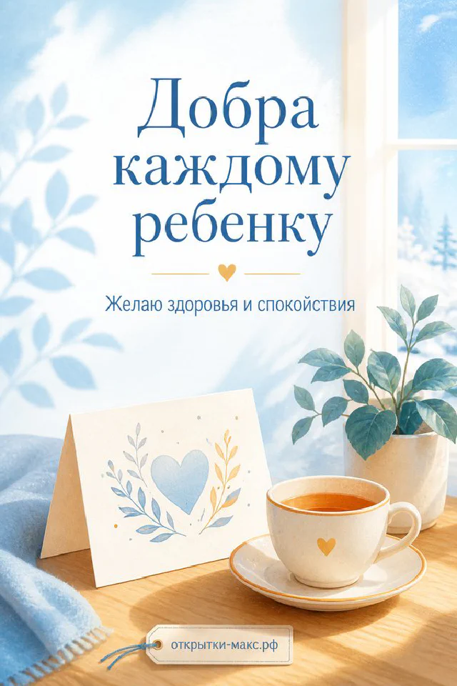 Чашка чая с сердечком у окна рядом с открыткой с мальчиком и надписью о здоровье ребёнка — вариант 4