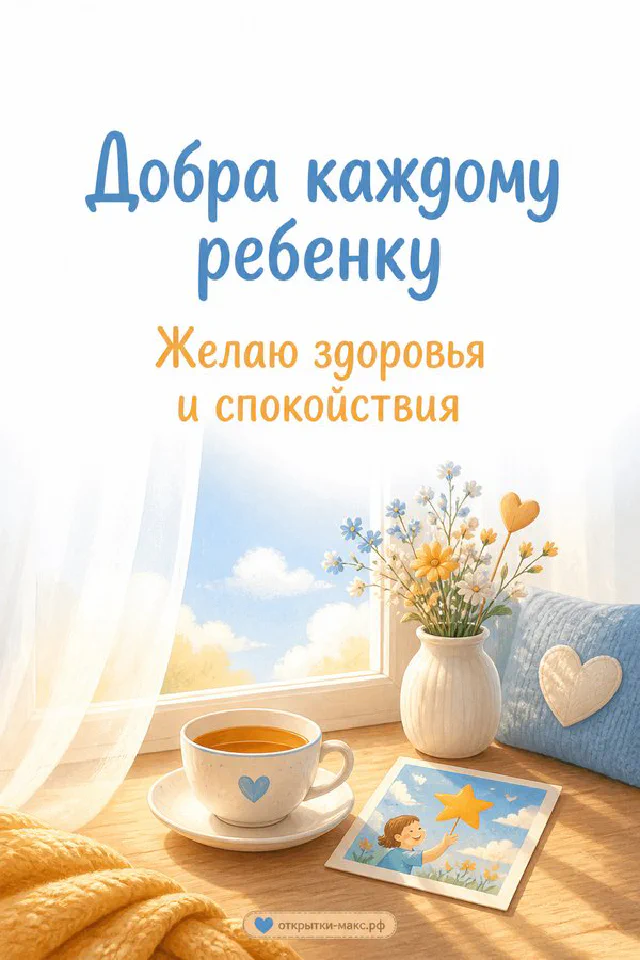 Чашка чая с сердечком у окна рядом с открыткой с мальчиком и надписью о здоровье ребёнка — вариант 5