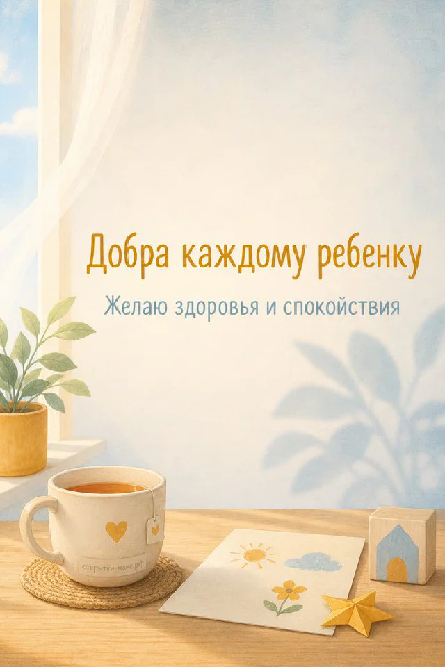 Чашка чая с сердечком у окна рядом с открыткой с мальчиком и надписью о здоровье ребёнка — вариант 6