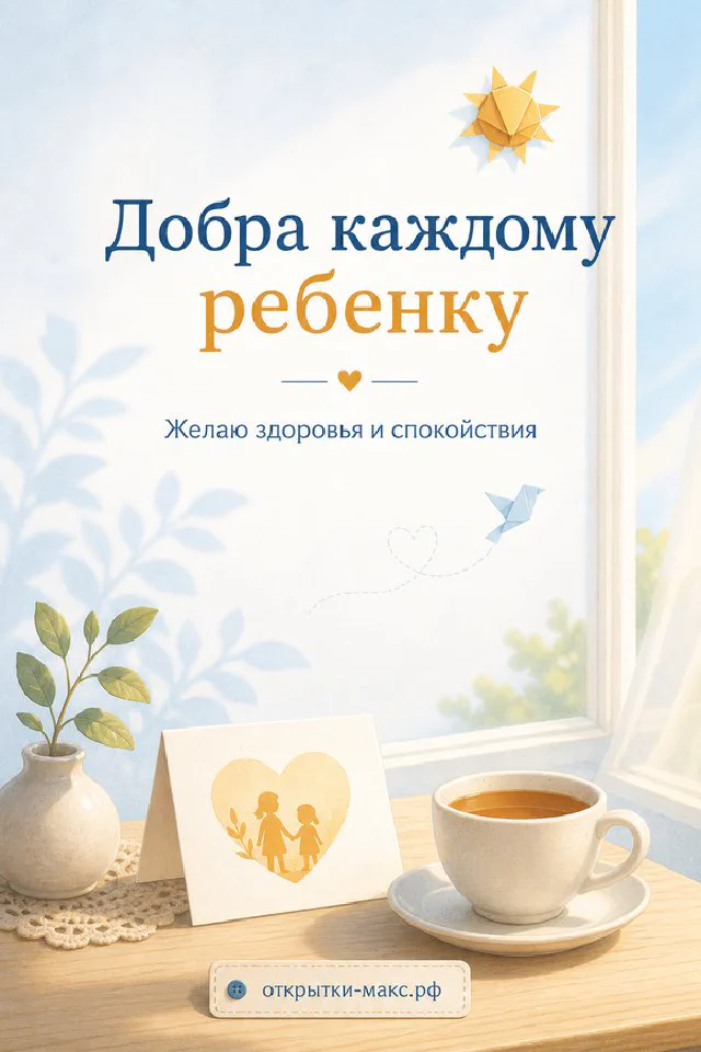 Чашка чая с сердечком у окна рядом с открыткой с мальчиком и надписью о здоровье ребёнка — вариант 7