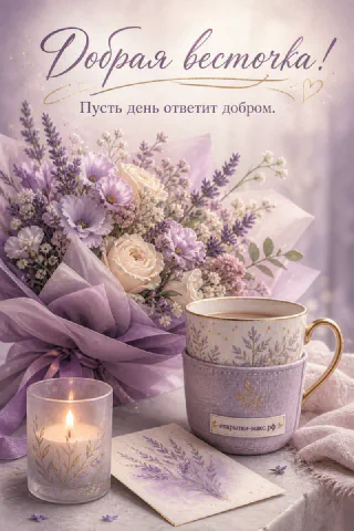 Букет лаванды и белых роз с горящей свечой и чашкой на сиреневом фоне