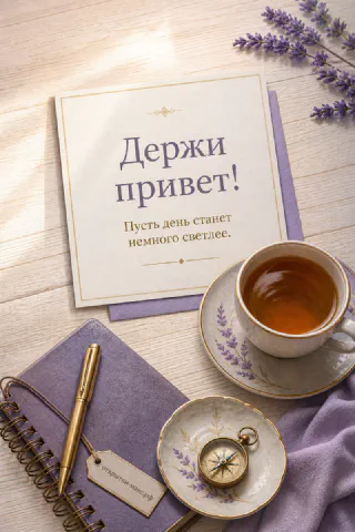 Открытка с надписью Держи привет, чашка чая в блюдце с компасом и блокнот на светлом деревянном фоне