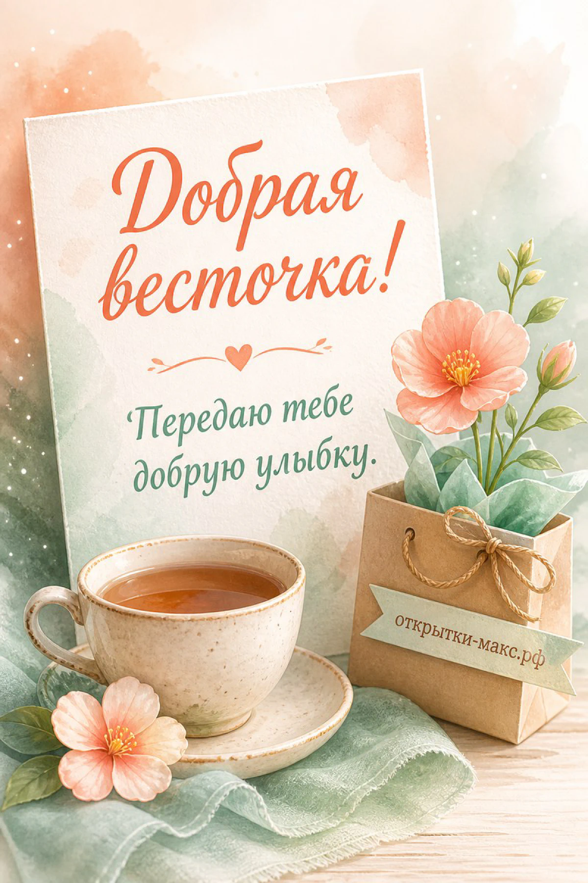 Акварельная открытка с чашкой чая, розовыми цветами и крафтовым пакетиком на мятном фоне