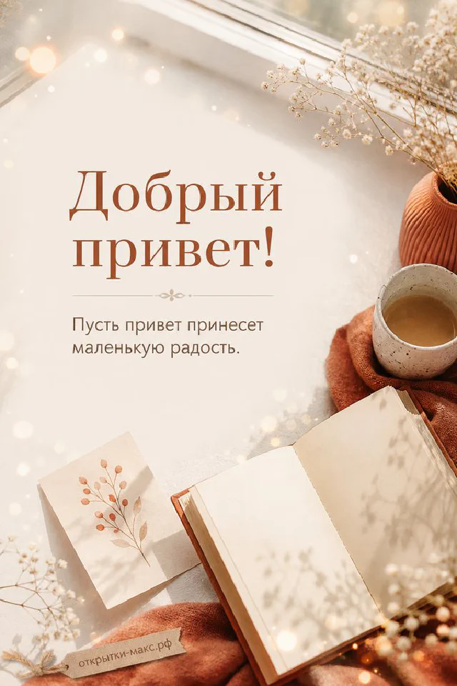 Открытка «Добрый привет» с чашкой чая, хризантемой, книгой и веточками эвкалипта — вариант 2
