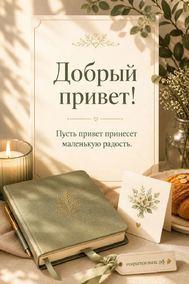 Открытка «Добрый привет» с чашкой чая, хризантемой, книгой и веточками эвкалипта — вариант 3