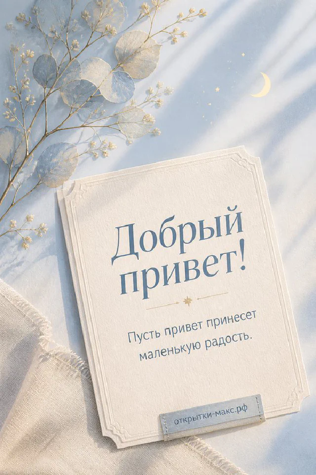 Открытка «Добрый привет» с чашкой чая, хризантемой, книгой и веточками эвкалипта — вариант 4