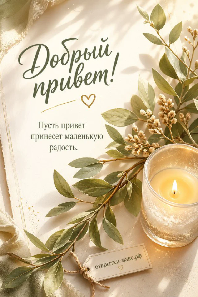 Открытка «Добрый привет» с чашкой чая, хризантемой, книгой и веточками эвкалипта — вариант 6