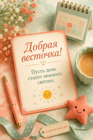 Открытка с улыбающимся солнышком, чашкой кофе и морской звездой на пастельном фоне