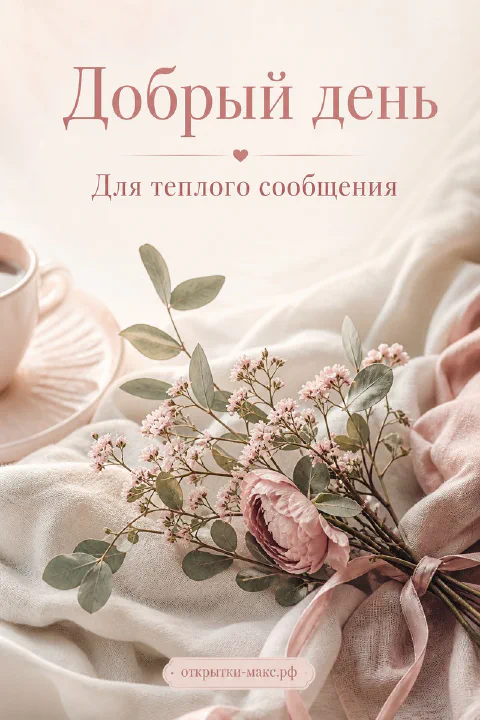 Розовый букет с эвкалиптом на льняной ткани рядом с чашкой кофе и надписью «Добрый день»