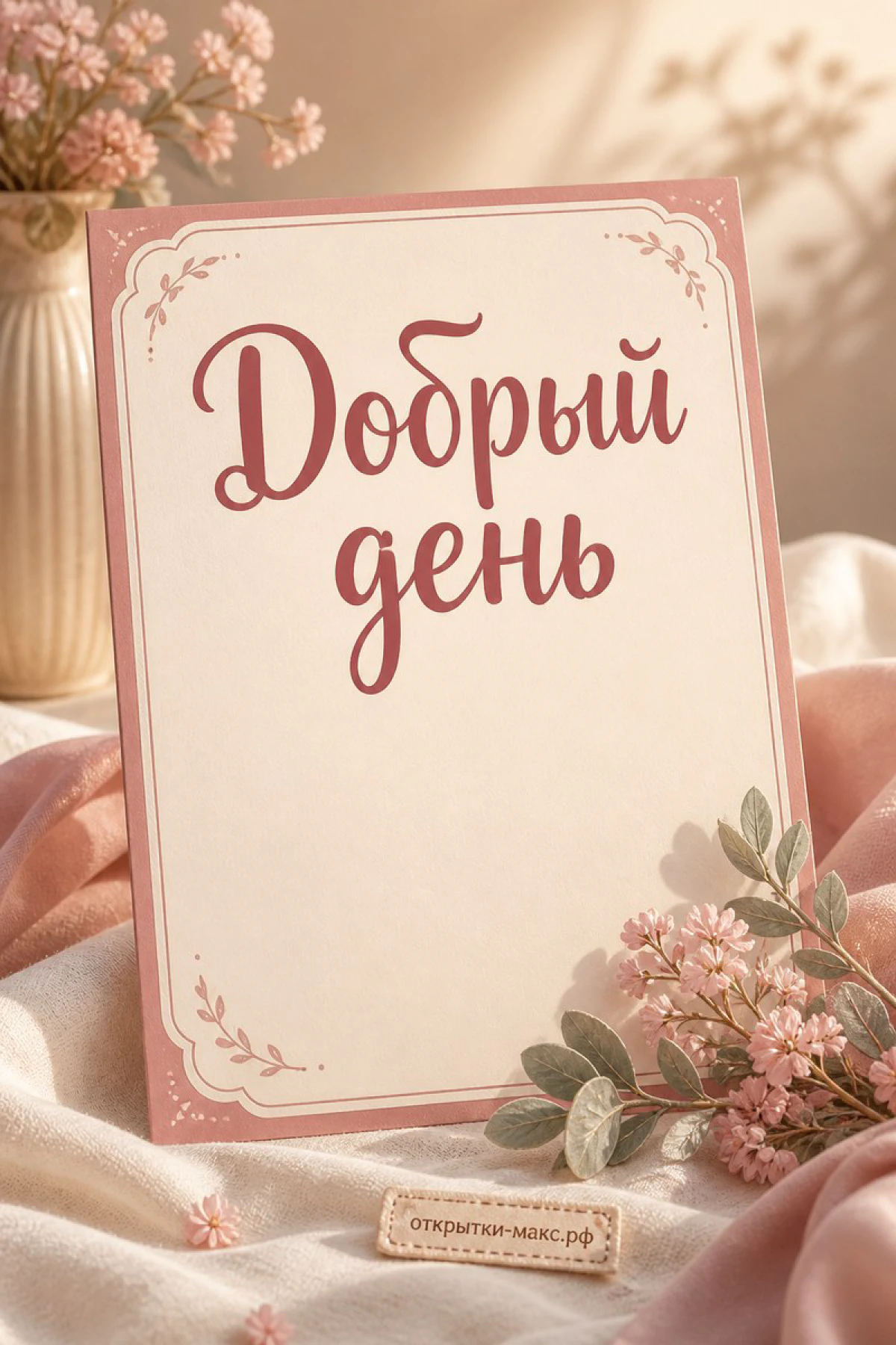 Открытка «Добрый день» с красной каллиграфией на бежевом фоне с розовыми цветами