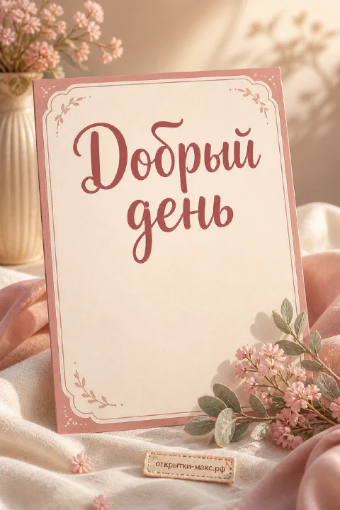 Открытка «Добрый день» с красной каллиграфией на бежевом фоне с розовыми цветами