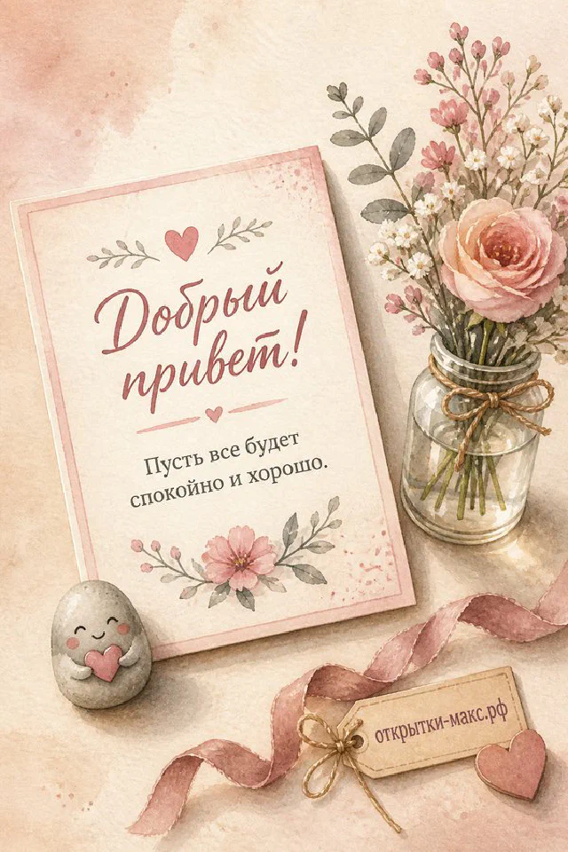 Открытка «Добрый привет» с крупным розовым пионом, чашкой чая и красным сердечком — вариант 4
