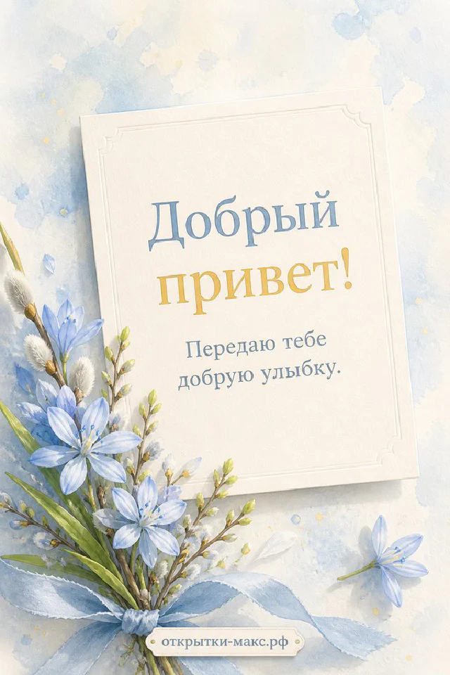 Крафтовый пакет с белыми крокусами и синими мускари рядом с конвертом на голубом фоне — вариант 3