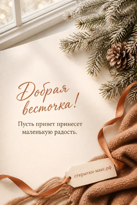 Заснеженные еловые ветки у окна с шишкой и рыжим пледом, надпись «Добрая весточка»