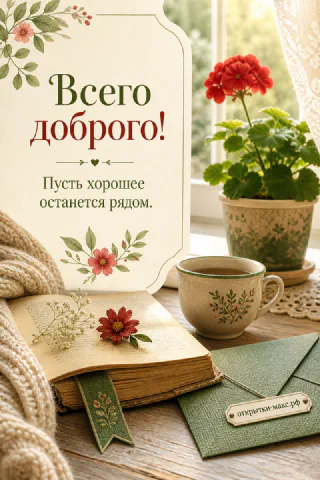 Раскрытая книга с красным цветком, кружка чая и горшок с геранью у солнечного окна, надпись Всего доброго