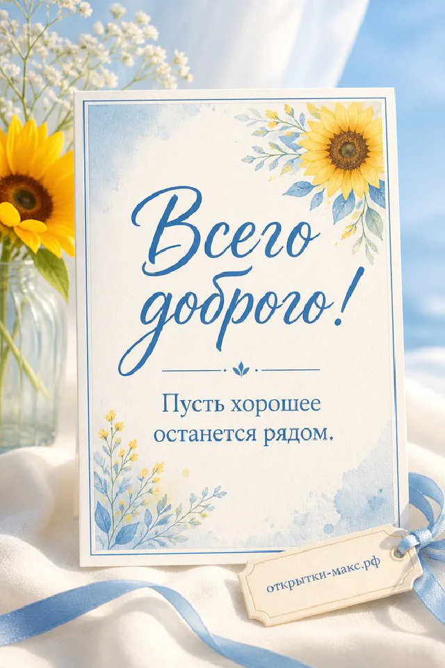 Раскрытая книга с красным цветком, кружка чая и горшок с геранью у солнечного окна, надпись Всего доброго — вариант 2