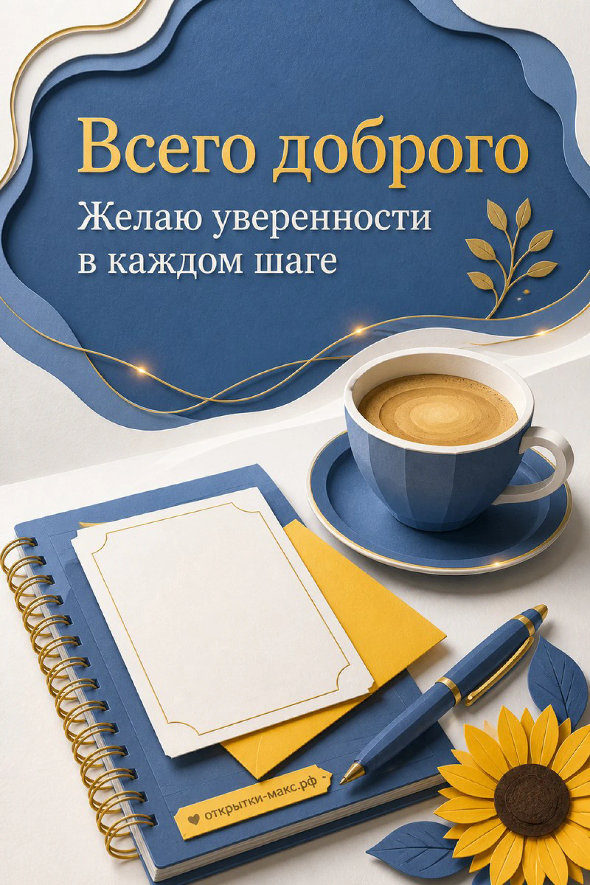 Терракотовая кружка кофе с сердечком и новогодний конверт на вязаном пледе, надпись Всего доброго