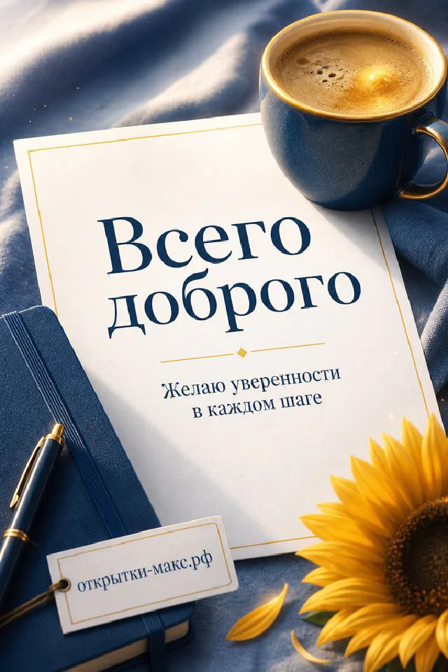 Терракотовая кружка кофе с сердечком и новогодний конверт на вязаном пледе, надпись Всего доброго — вариант 2