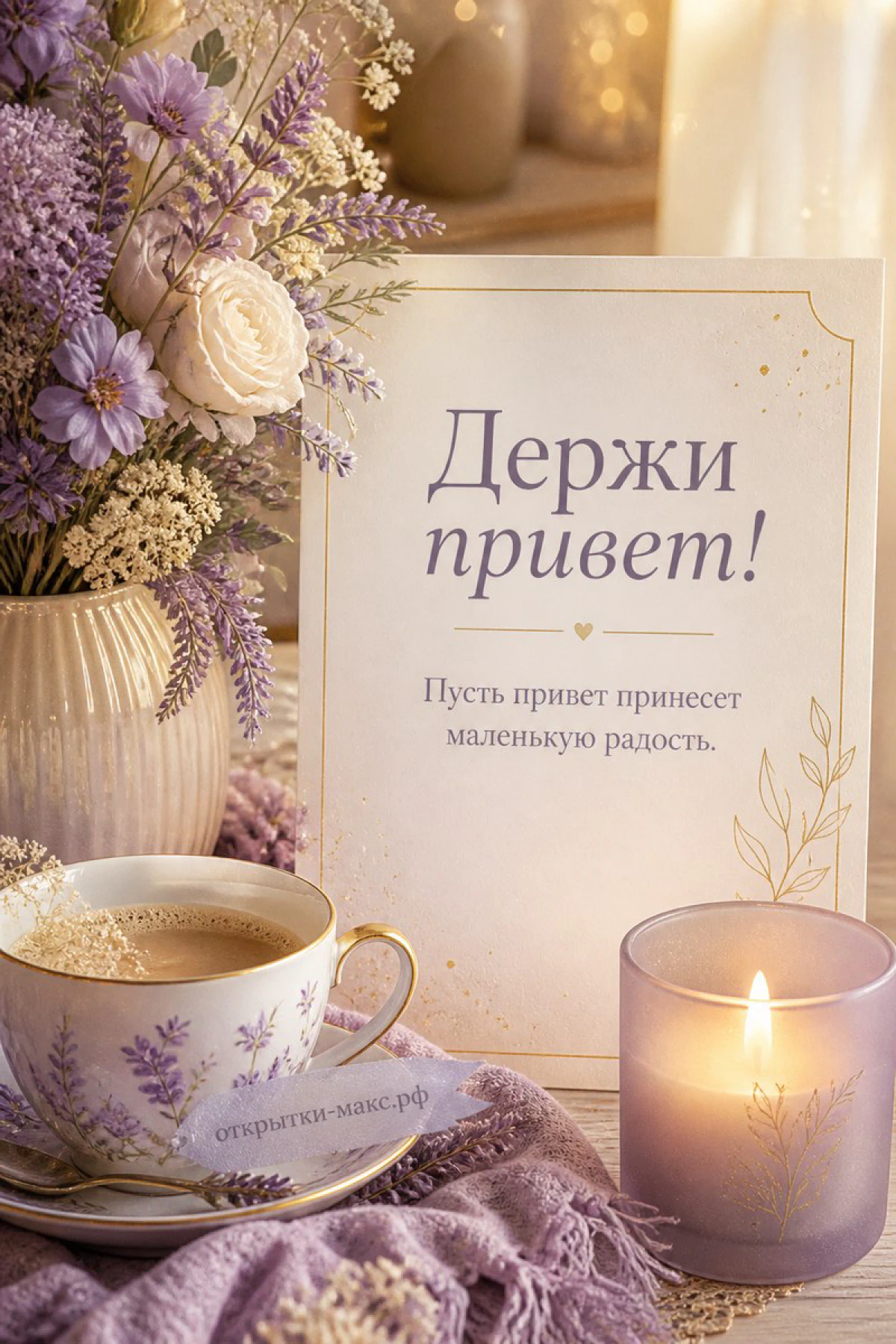 Чашка кофе в лавандовом сервизе, букет лаванды и горящая свеча на деревянном столе, надпись Держи привет