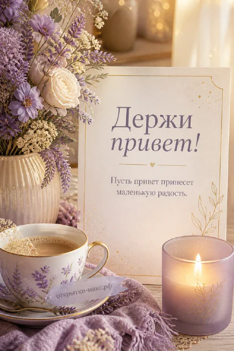 Чашка кофе в лавандовом сервизе, букет лаванды и горящая свеча на деревянном столе, надпись Держи привет