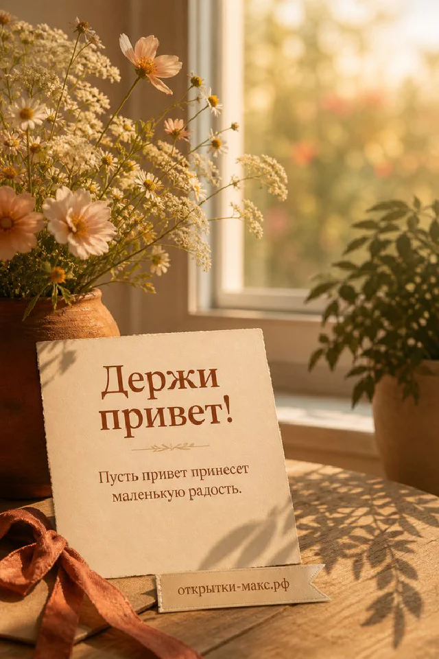 Чашка кофе в лавандовом сервизе, букет лаванды и горящая свеча на деревянном столе, надпись Держи привет — вариант 2