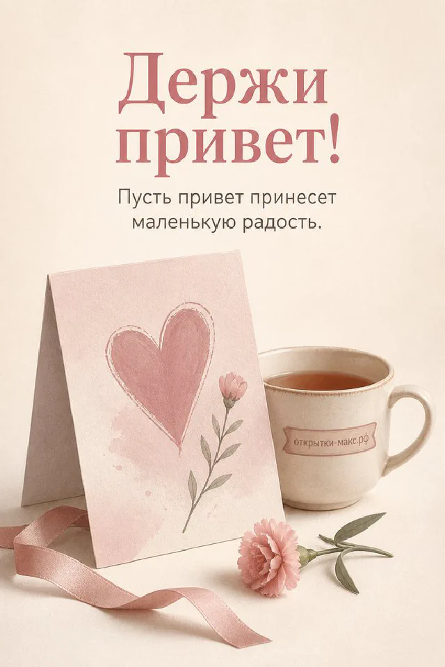 Чашка кофе в лавандовом сервизе, букет лаванды и горящая свеча на деревянном столе, надпись Держи привет — вариант 3