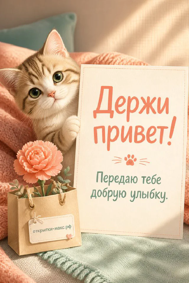Терракотовая кружка кофе с сердцем и новогодний конверт на оранжевом пледе, надпись Держи привет — вариант 2