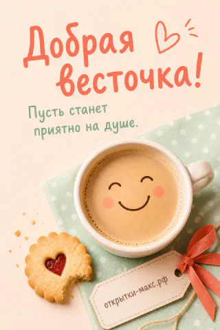 Большая чашка кофе с улыбкой и печенье с сердечком на пастельном фоне с биркой