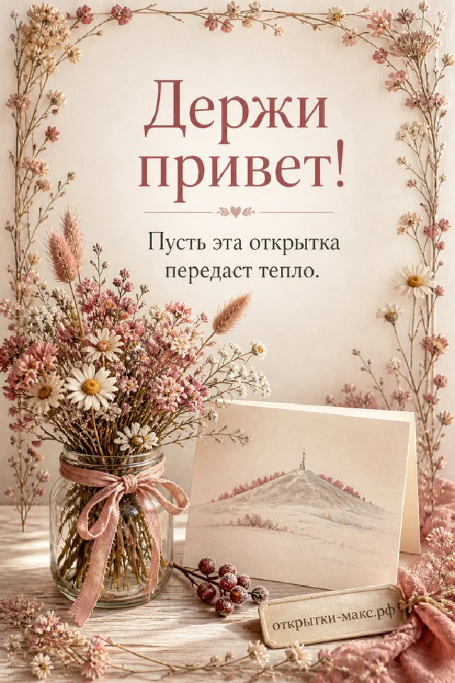 Кремовый конверт с сердечком и белой розой на золотистом фоне с теневым узором, надпись Держи привет — вариант 2