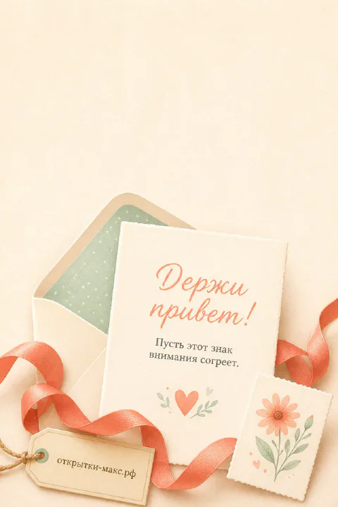Открытка «Держи привет!» с пастельным конвертом, атласной лентой и цветком на бежевом фоне