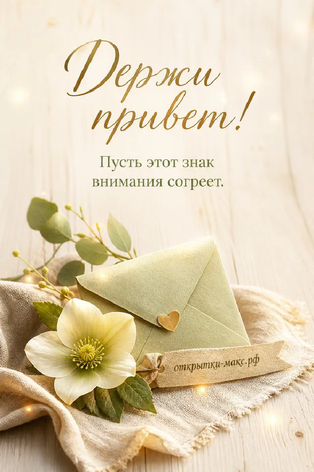 Открытка «Держи привет!» с пастельным конвертом, атласной лентой и цветком на бежевом фоне — вариант 2