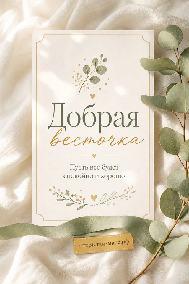 Серая птичка на ветке лаванды рядом с золотым конвертом и надписью «Добрая весточка» — вариант 2