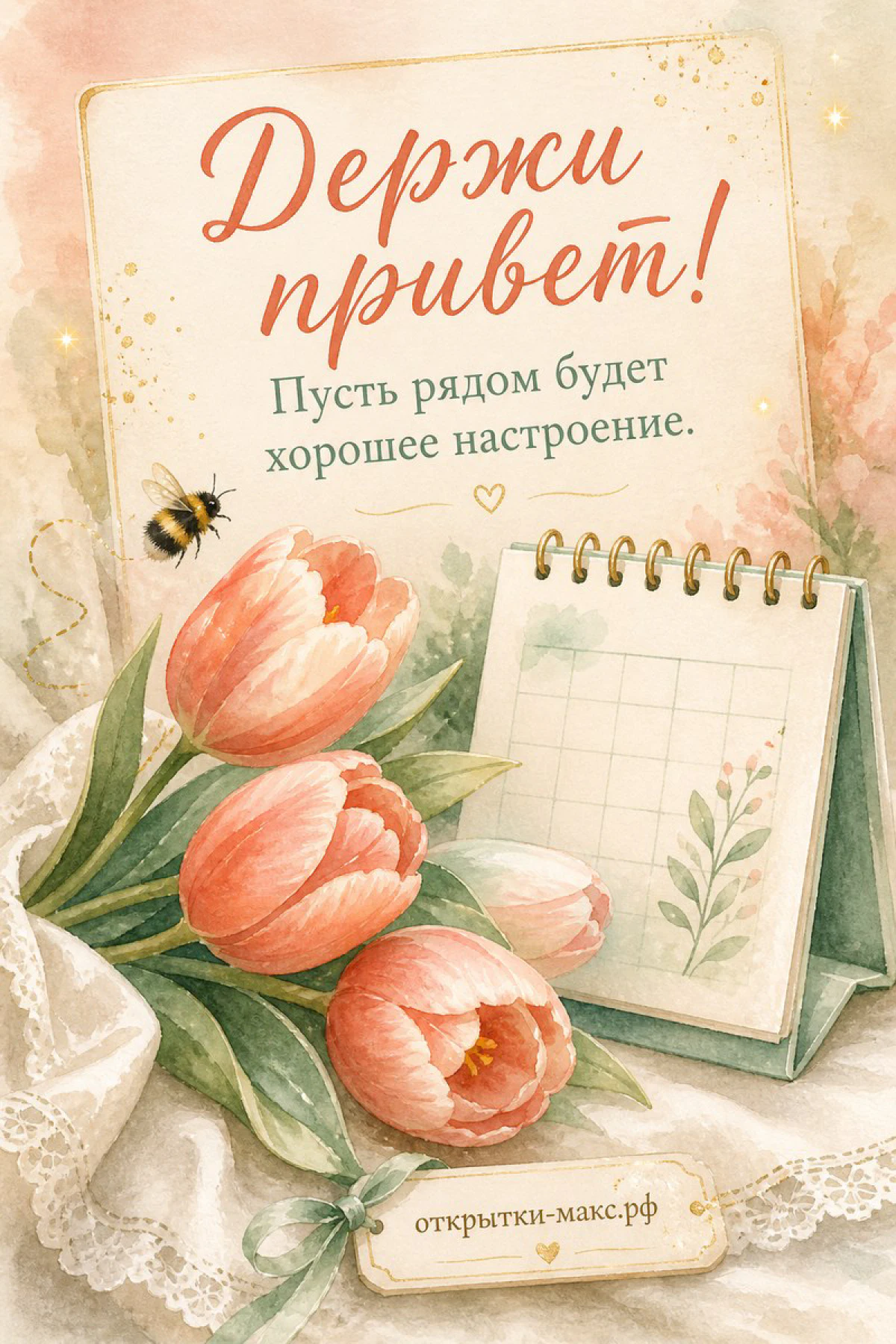 Конверт с теплой запиской, цветок и нежный свет