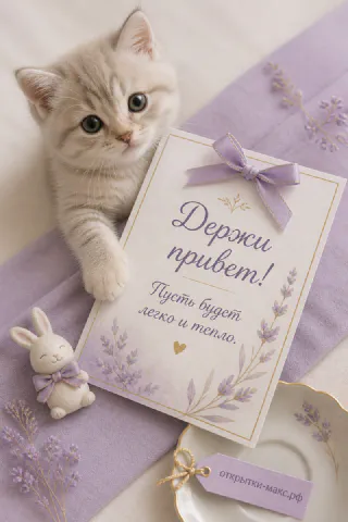 Серый британский котёнок рядом с лавандовой открыткой с бантом и мягкой игрушкой-кроликом