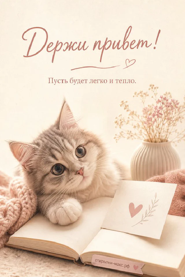 Серый британский котёнок рядом с лавандовой открыткой с бантом и мягкой игрушкой-кроликом — вариант 2
