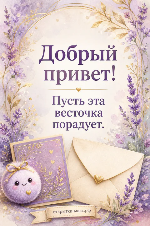 Открытка «Добрый привет» с лавандой, конвертом с сердечком и пушистым фиолетовым персонажем