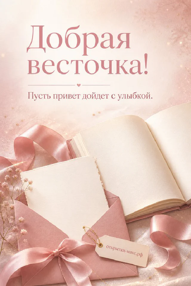 Письмо с каллиграфией «Добрая весточка» на фоне лаванды с белым пером и лавандовым бантом — вариант 4