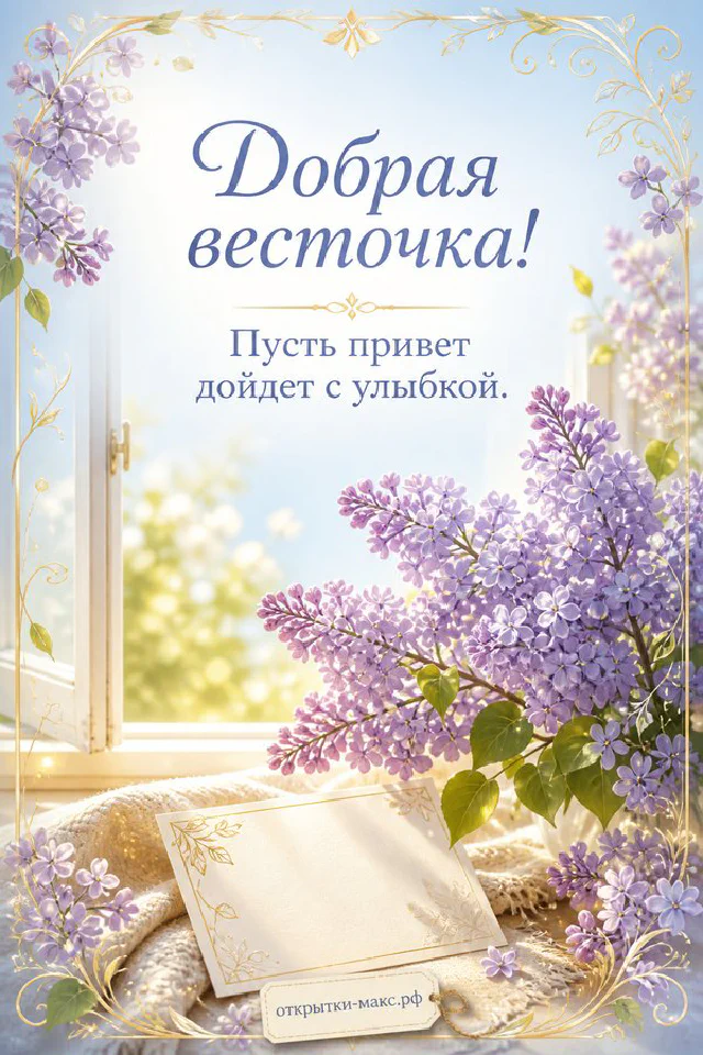 Письмо с каллиграфией «Добрая весточка» на фоне лаванды с белым пером и лавандовым бантом — вариант 5