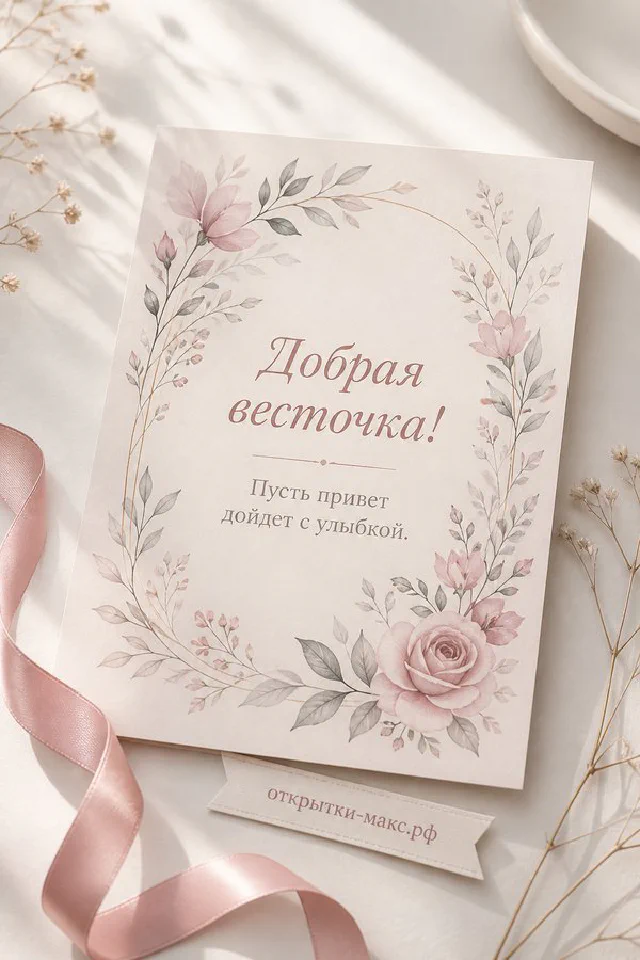 Письмо с каллиграфией «Добрая весточка» на фоне лаванды с белым пером и лавандовым бантом — вариант 6