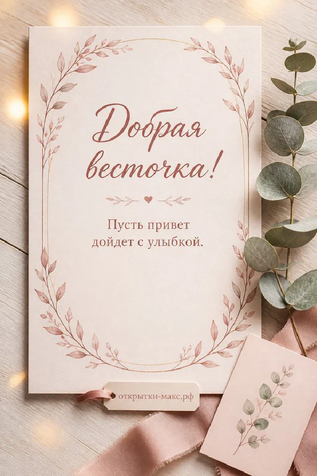Письмо с каллиграфией «Добрая весточка» на фоне лаванды с белым пером и лавандовым бантом — вариант 7