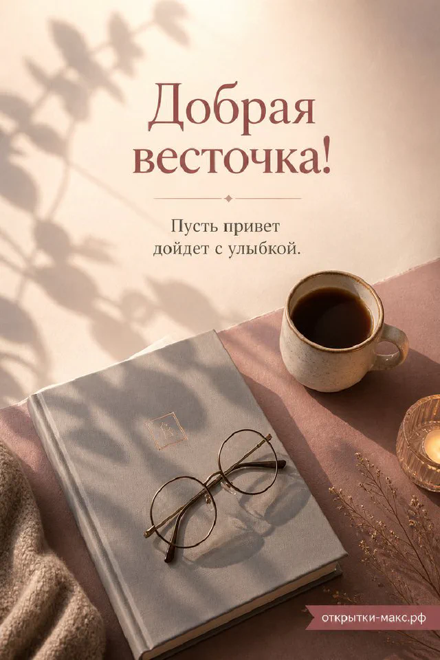 Письмо с каллиграфией «Добрая весточка» на фоне лаванды с белым пером и лавандовым бантом — вариант 8