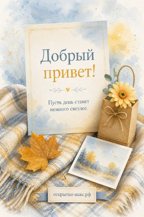 Акварельная открытка «Добрый привет» с осенним листом, подсолнухом в пакете и пледом