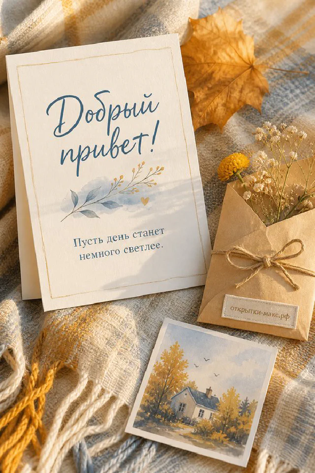 Акварельная открытка «Добрый привет» с осенним листом, подсолнухом в пакете и пледом — вариант 3