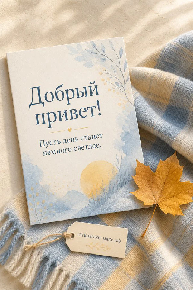 Акварельная открытка «Добрый привет» с осенним листом, подсолнухом в пакете и пледом — вариант 4