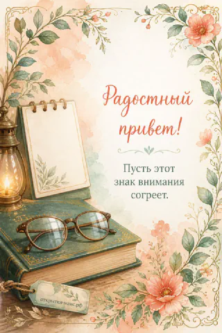 Открытка-привет рядом с чашкой чая и маленьким цветком