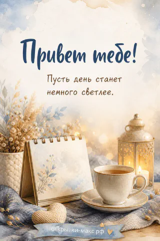 Открытка-привет рядом с чашкой чая и маленьким цветком