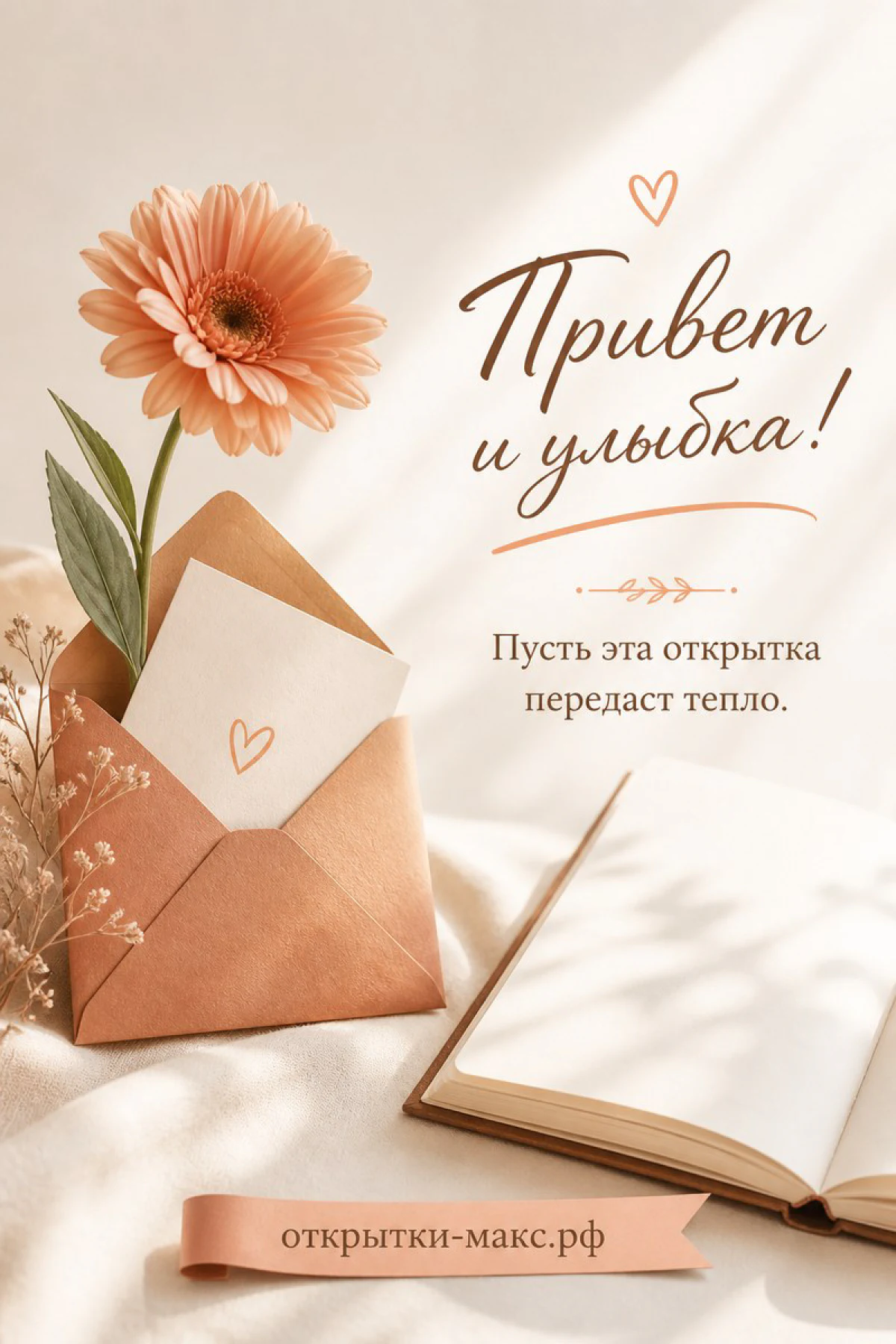 Открытка-привет рядом с чашкой чая и маленьким цветком