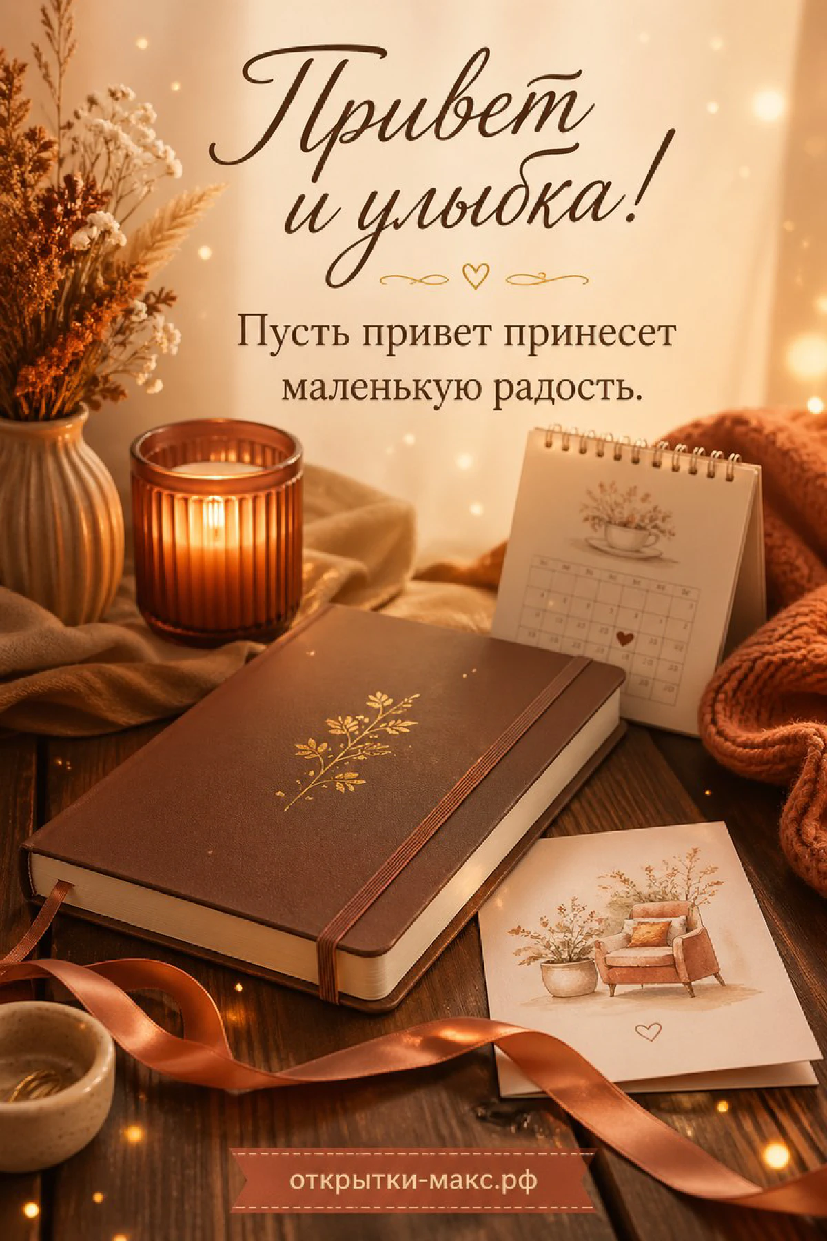 Открытка-привет рядом с чашкой чая и маленьким цветком