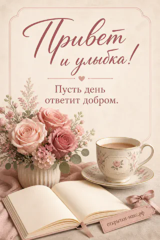 Открытка-привет рядом с чашкой чая и маленьким цветком