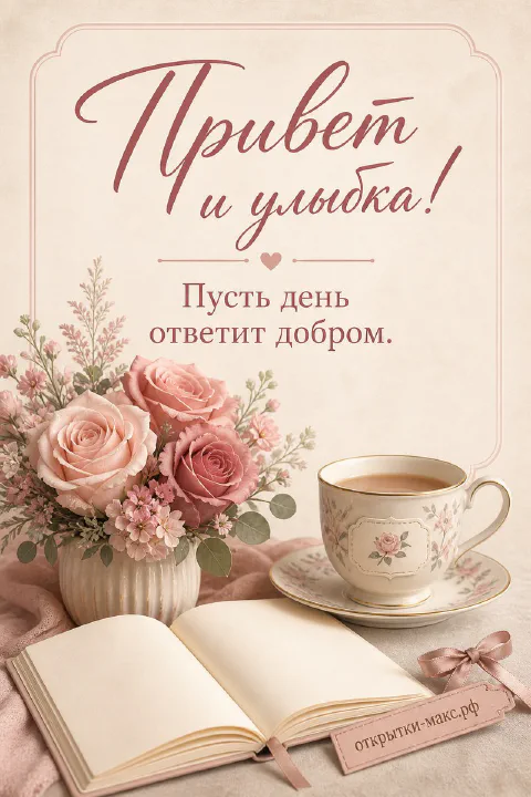 Открытка-привет рядом с чашкой чая и маленьким цветком